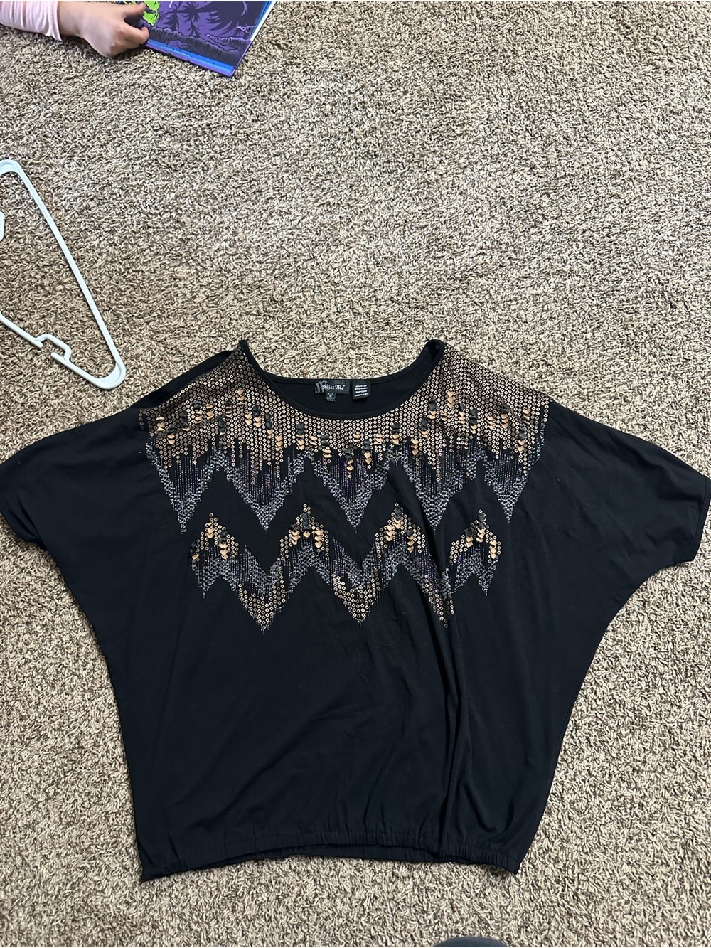 Miss Me Black Dolman Top with Gold & Silver Beaded Chevron